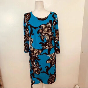 St Tropaz Dress Sise 10 Blue Floral Print  Stretch Knee‎ Length 3/4 Sleeve Work